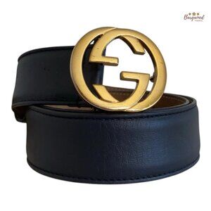 Authentic Gucci Black Calfskin Leather Gold Interlocking G Buckle Belt 75/30